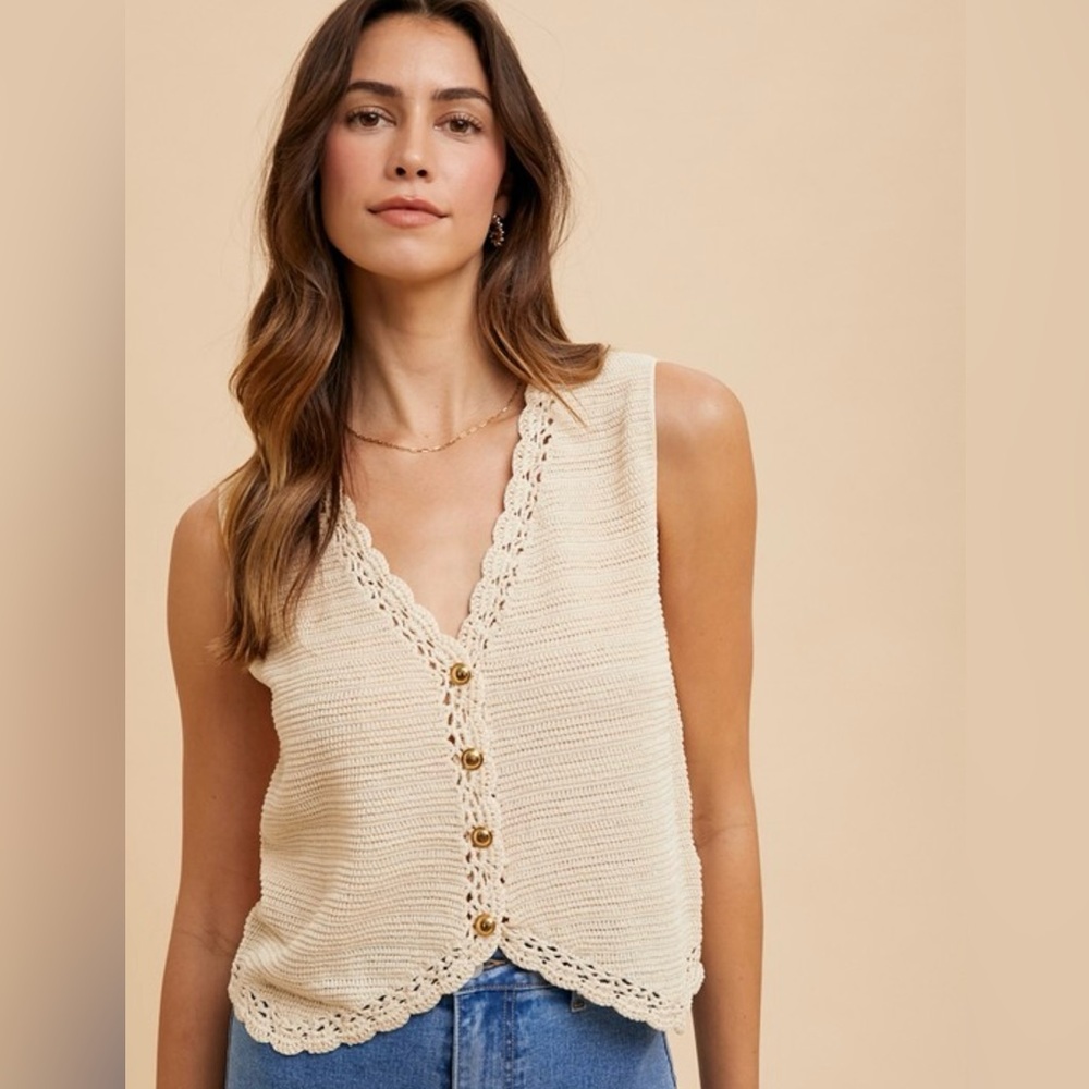 5. Women’s Crochet Trimmed Button Down Sweater Vest